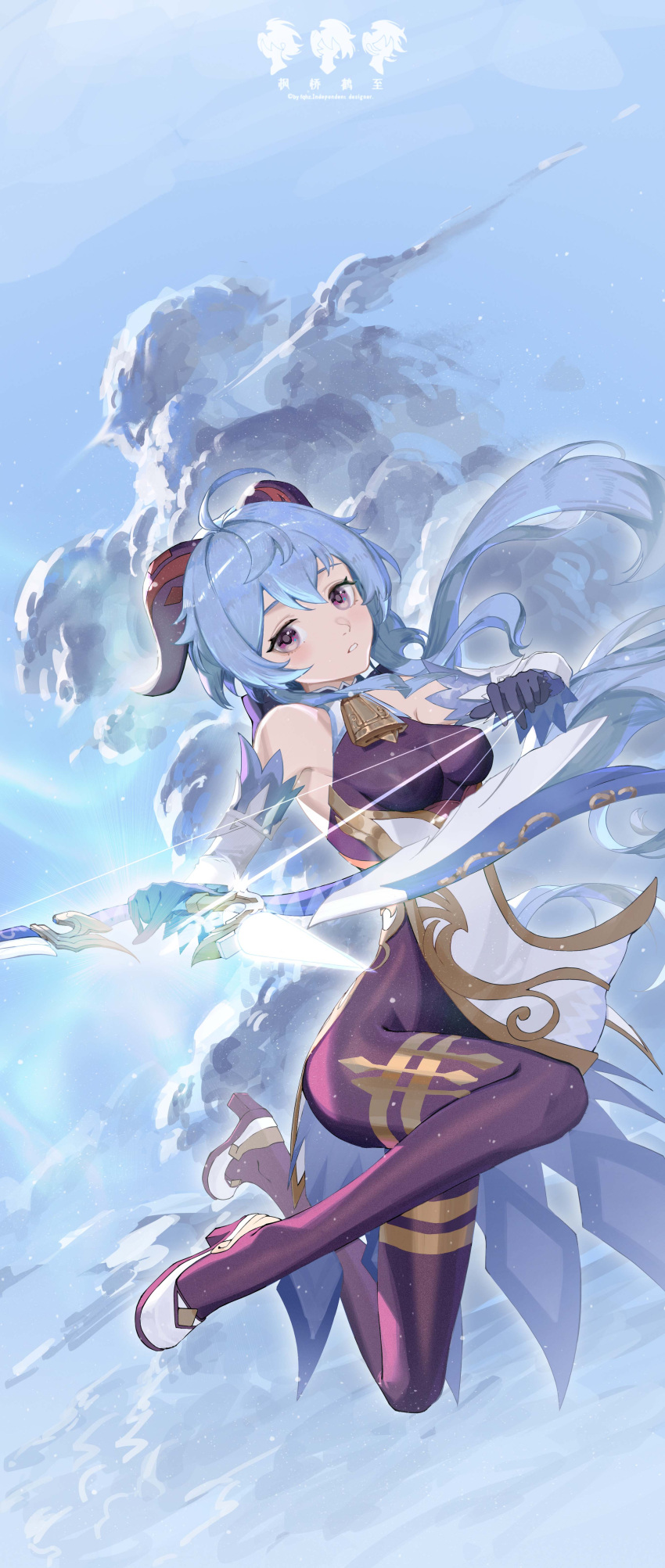 1girl absurdres ahoge amos'_bow_(genshin_impact) bare_shoulders bell black_pantyhose blue_hair bow_(weapon) breasts cloud detached_sleeves drawing_bow floating full_body ganyu_(genshin_impact) genshin_impact gold_trim high_heels highres holding holding_bow_(weapon) holding_weapon horns long_hair looking_at_viewer makinohara_ue medium_breasts neck_bell pantyhose purple_eyes sidelocks solo thighlet weapon white_sleeves
