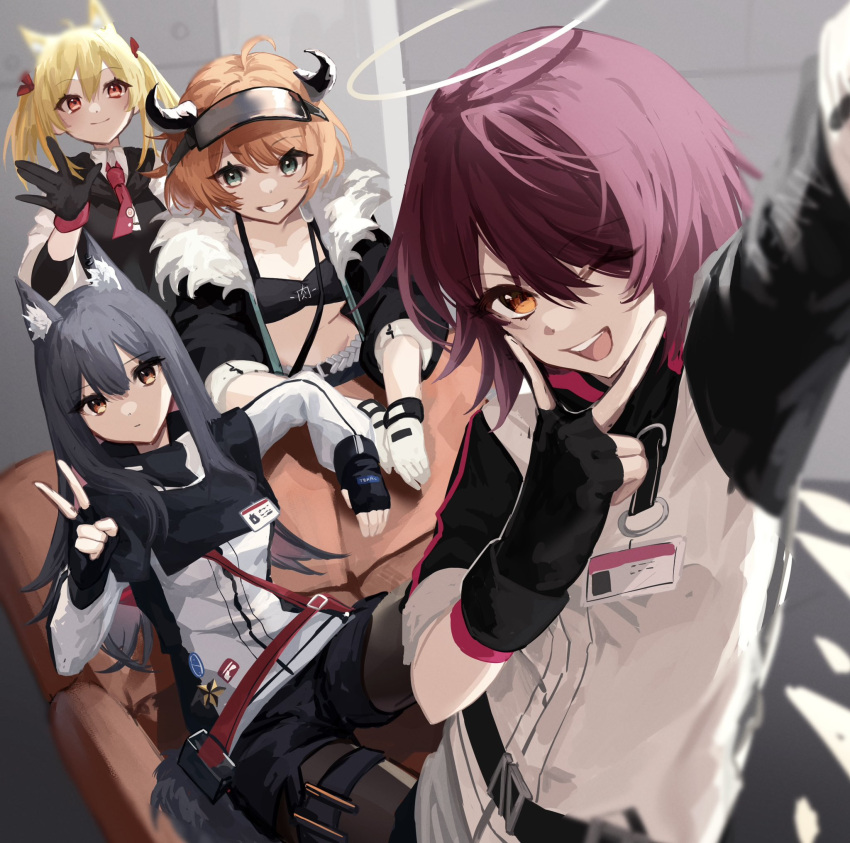 4girls ahoge animal_ear_fluff animal_ears arknights black_gloves black_hair black_jacket black_pantyhose black_shorts blonde_hair couch cow_girl cow_horns croissant_(arknights) detached_wings energy_wings exusiai_(arknights) fingerless_gloves fur-trimmed_jacket fur_trim gloves goma_74umai green_eyes hair_between_eyes hair_over_one_eye halo highres horns jacket long_hair long_sleeves looking_at_viewer midriff multiple_girls on_couch open_clothes open_jacket open_mouth orange_hair pantyhose penguin_logistics_(arknights) red_eyes red_hair selfie shirt short_hair short_shorts shorts sitting smile sora_(arknights) tail texas_(arknights) twintails v_over_mouth visor_cap white_gloves white_jacket white_shirt wings wolf_ears wolf_girl wolf_tail