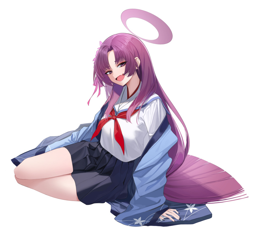 1girl absurdres arm_support blue_archive fang halo hanten_(clothes) highres kuroja looking_at_viewer neckerchief parted_bangs pleated_skirt purple_eyes purple_hair red_neckerchief school_uniform serafuku simple_background sitting skin_fang skirt smile solo white_background yokozuwari yukari_(blue_archive)