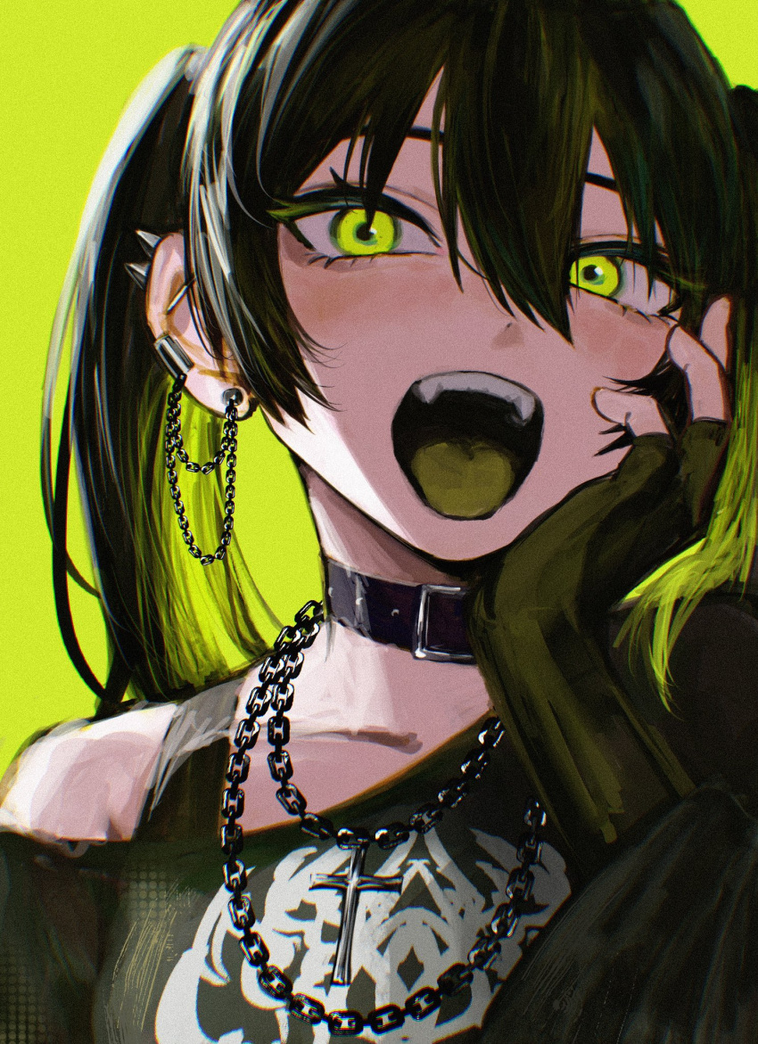 1girl barbell_piercing belt_buckle buckle chain collar collarbone fangs fingerless_gloves gloves green_background green_eyes green_theme grunge_(genre) hair_between_eyes hand_on_own_face highres leather_collar looking_at_viewer neon_palette off_shoulder open_mouth original piercing raberu_ruru solo spike_piercing strap twintails upper_body