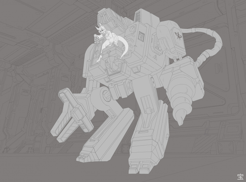 alcohol anthro arbaran avian bao_(hibris) beer beverage blizzard_entertainment detailed_background drill hi_res hibris machine male mecha monochrome robot scv_pilot_(starcraft) solo starcraft terran