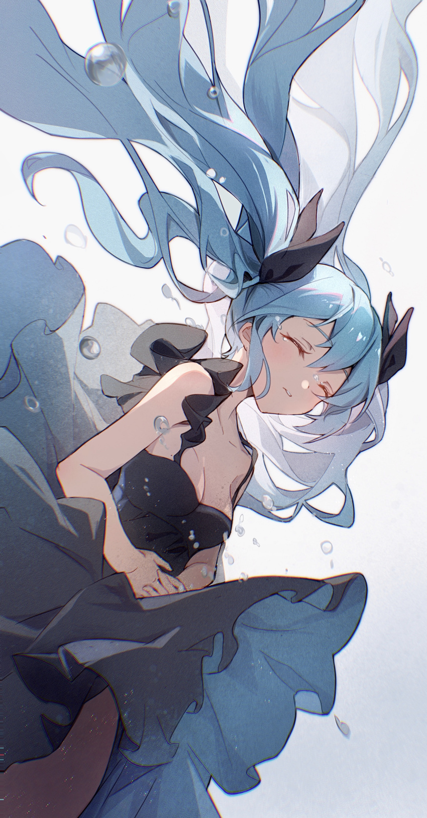 1girl absurdres air_bubble bare_shoulders black_dress black_ribbon blue_hair breasts bubble cleavage closed_eyes closed_mouth cloudyman commentary_request dress hair_ribbon hands_on_own_stomach hatsune_miku highres own_hands_together ribbon small_breasts solo twintails upper_body vocaloid