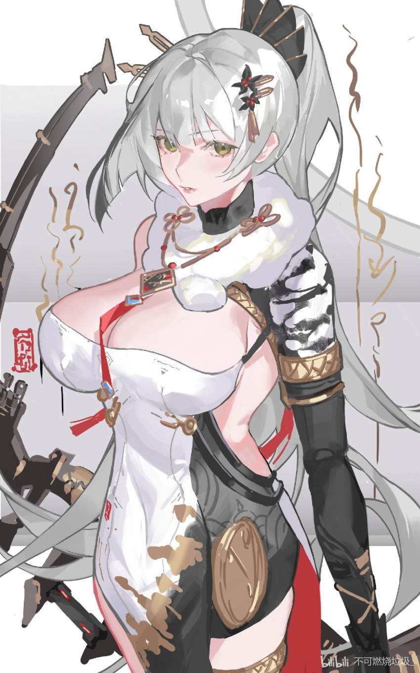 1girl armpit_peek backless_dress backless_outfit bad_link bianca:_veritas_(spring_huntress)_(punishing:_gray_raven) bianca_(punishing:_gray_raven) bilibili_logo bilibili_username black_dress bow_(weapon) breasts bukeranshao_laji china_dress chinese_clothes chinese_commentary chinese_knot cleavage commentary_request cowboy_shot dress fur_collar fur_trim gold_trim green_eyes grey_hair hair_ornament hair_stick hairclip half-shrug highres holding holding_bow_(weapon) holding_weapon jewelry joints large_breasts long_hair looking_at_viewer mechanical_arms necklace official_alternate_costume ponytail punishing:_gray_raven robot_joints solo talisman thighhighs two-sided_dress two-sided_fabric very_long_hair weapon white_dress zettai_ryouiki