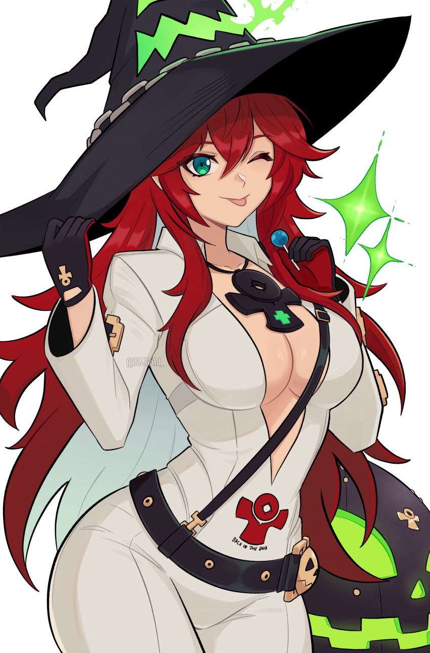 1girl absurdres ankh belt black_gloves bodysuit breasts candy cleavage food gloves green_eyes guilty_gear guilty_gear_strive hat highres jack-o'_valentine large_breasts lollipop long_hair multicolored_hair red_hair smgold smile solo studded_belt thighs two-tone_hair white_bodysuit white_hair witch_hat