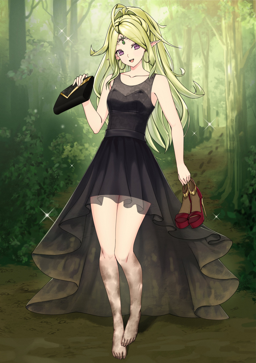 1girl absurdres aged_up alternate_costume bag bare_shoulders black_dress blonde_hair breasts circlet commission dirty dirty_clothes dirty_feet dress fire_emblem fire_emblem_awakening forest handbag high_heels highres mari48240422 mud nature nowi_(fire_emblem) parted_bangs pointy_ears red_footwear second-party_source small_breasts