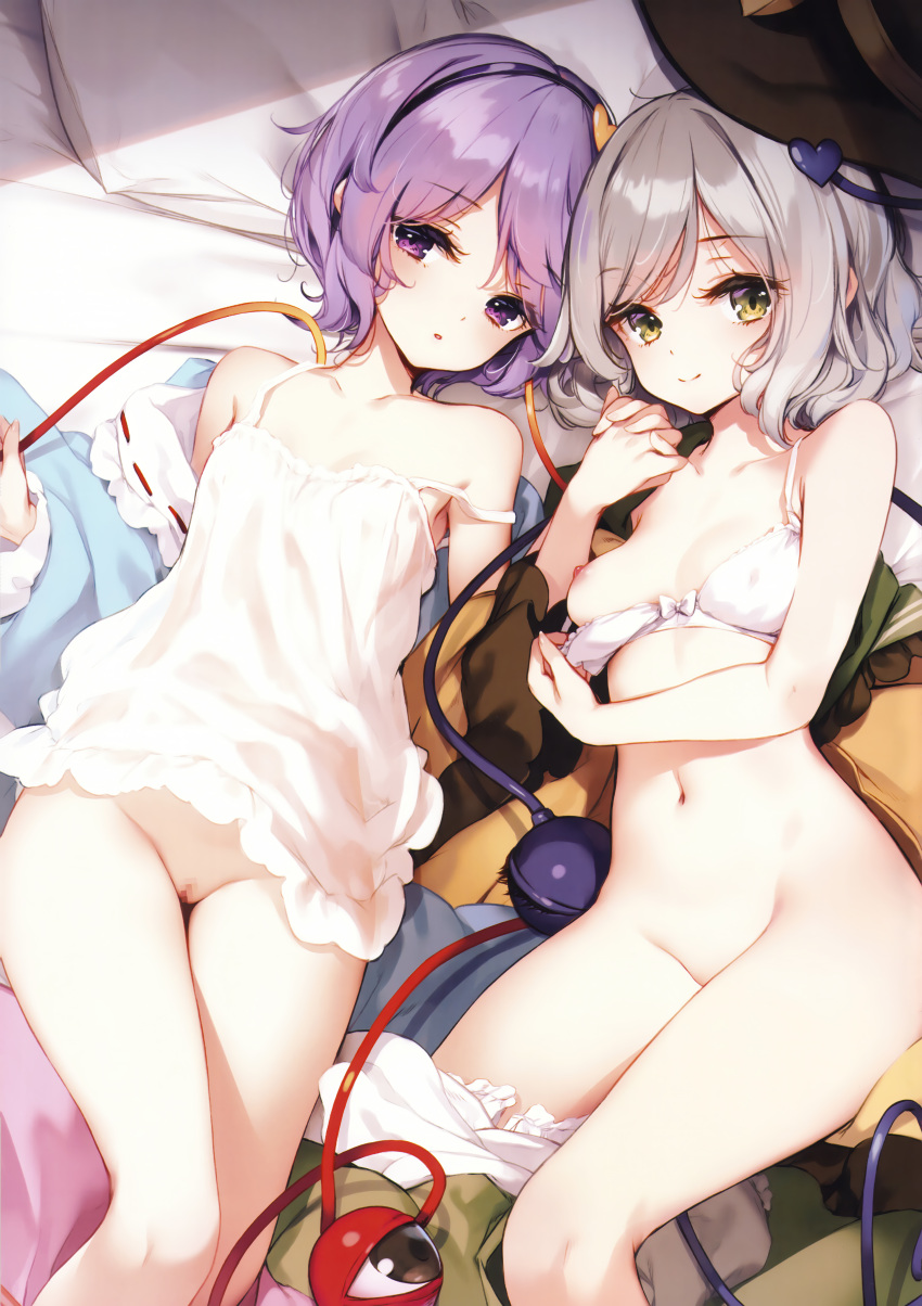2girls absurdres babydoll bare_shoulders black_headwear blush bottomless bra bra_pull breasts closed_mouth clothes_pull eyeball flat_chest from_above green_eyes green_skirt grey_hair hair_ornament hairband hat heart heart_hair_ornament heart_of_string highres holding_hands ke-ta komeiji_koishi komeiji_satori looking_at_viewer lying multiple_girls navel nipples no_panties non-web_source on_back on_side one_breast_out open_clothes open_mouth purple_eyes purple_hair pussy scan short_hair siblings sisters skirt skirt_around_one_leg small_breasts smile strap_slip subterranean_animism third_eye touhou underwear wavy_hair white_babydoll white_bra