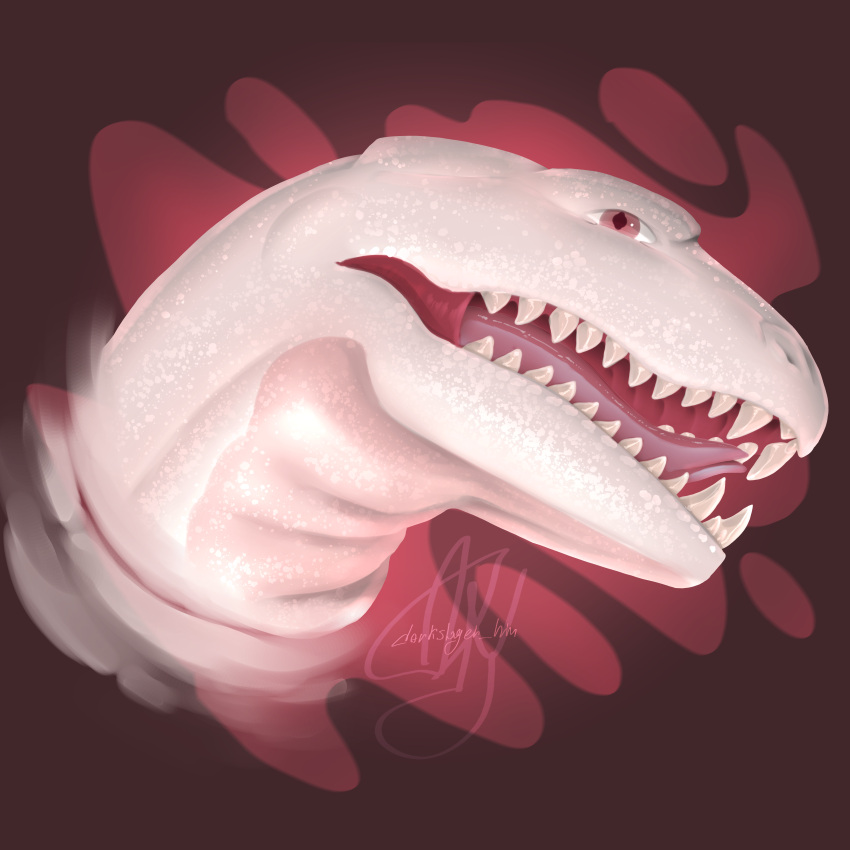 abstract_background absurd_res ambiguous_gender aris_(atrumpet) darkslayer_hm dragon feral headshot_portrait hi_res looking_at_viewer male_(lore) open_mouth pink_body pink_eyes pink_skin portrait scalie solo teeth tongue white_body white_skin