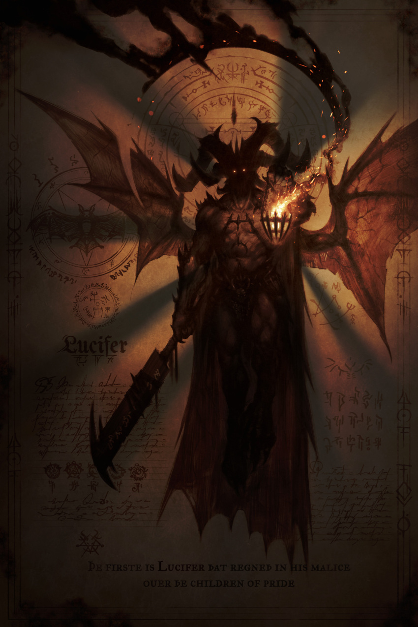 1boy absurdres demon demon_horns demon_wings fire full_body glowing glowing_eyes highres holding holding_sword holding_weapon horns latin_text looking_at_viewer lucifer multiple_horns muscular muscular_male nate_rose original satan solo sword translation_request weapon wings