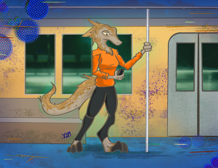 absurd_res anthro cellphone claws clothing digitigrade dinosaur dromaeosaurid feathered_dinosaur feathers female hi_res holding_pole jacket leaning looking_at_object looking_at_phone looking_down phone pole rapid_transit reptile scalie smartphone solo standing subway sweatpants sweatshirt theropod toe_claws topwear velociraptor vike_mike window