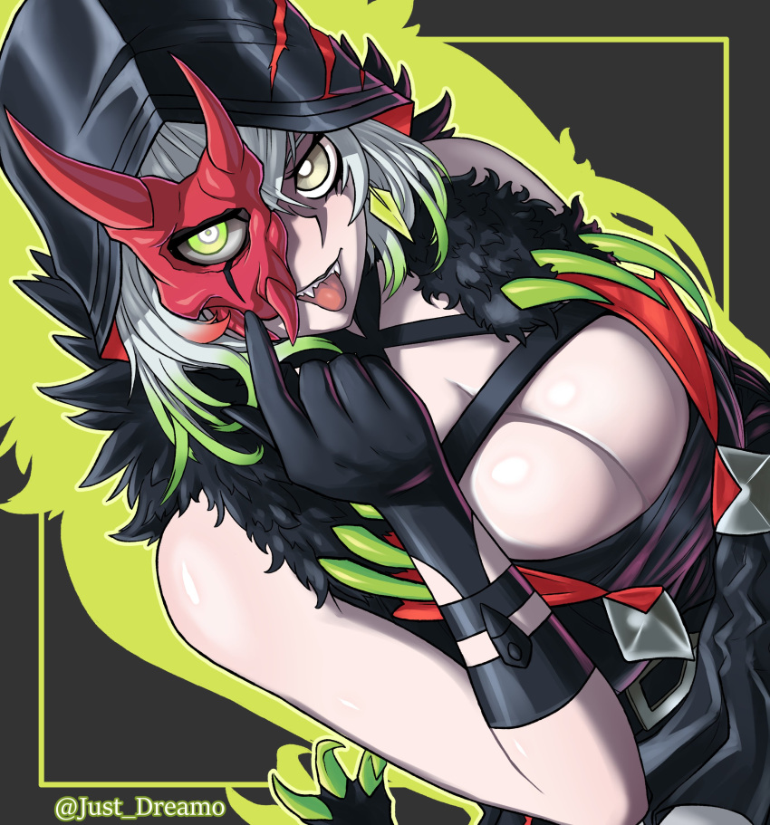 1girl absurdres breasts cleavage detached_sleeves diabellestarr_the_dark_witch dress duel_monster fangs fangs_out gloves green_eyes green_hair half_mask highres hood hood_up just_dreamo large_breasts mask multicolored_hair pale_skin red_mask smile solo tongue tongue_out yu-gi-oh!