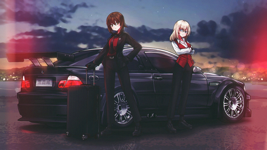 2girls absurdres alternate_costume belt black_belt black_footwear black_gloves black_jacket black_necktie black_pants black_socks blazer blue_eyes bmw bmw_m3 brown_eyes brown_hair car closed_mouth cloud cloudy_sky commentary crossed_arms dress_shirt frown girls_und_panzer gloves grey_hair hand_on_own_hip highres itsumi_erika jacket lapel_pin looking_at_viewer medium_hair mizzterbii motor_vehicle multiple_girls necktie night night_sky nishizumi_maho open_clothes open_jacket outdoors pants red_shirt red_vest reflection reverse_trap rolling_suitcase shirt shoes short_hair sky socks standing star_(sky) starry_sky suit suitcase twilight vehicle_request vest wing_collar