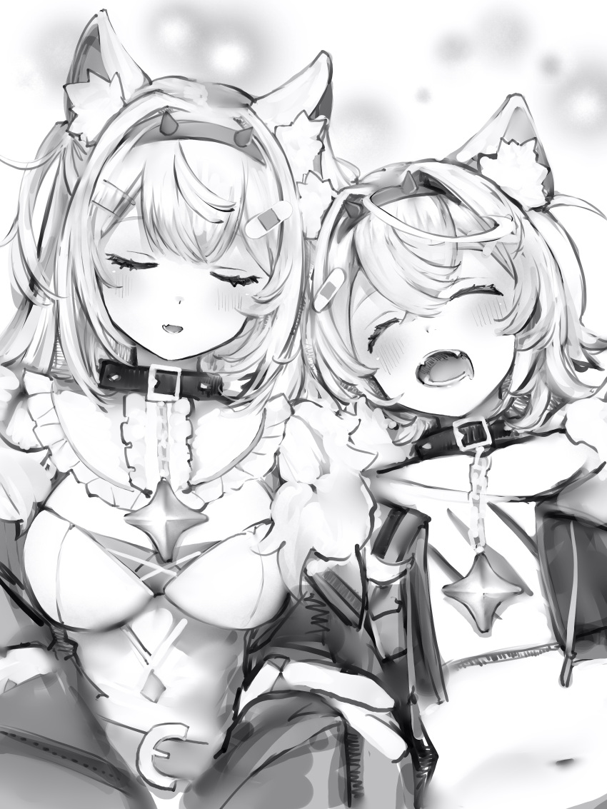 2girls absurdres animal_ear_fluff animal_ears bandaid_hair_ornament belt collar crop_top cropped_jacket dog_ears dog_girl drooling fangs frills fur-trimmed_jacket fur_trim fuwawa_abyssgard greyscale hair_between_eyes hair_ornament hairband hairclip hairpin headphones headphones_around_neck highres hololive hololive_english jacket long_hair midriff mococo_abyssgard monochrome mouth_drool multiple_girls nanashi_(nlo) navel open_mouth short_hair siblings sidelocks simple_background sisters sleeping twins two_side_up virtual_youtuber x_hair_ornament