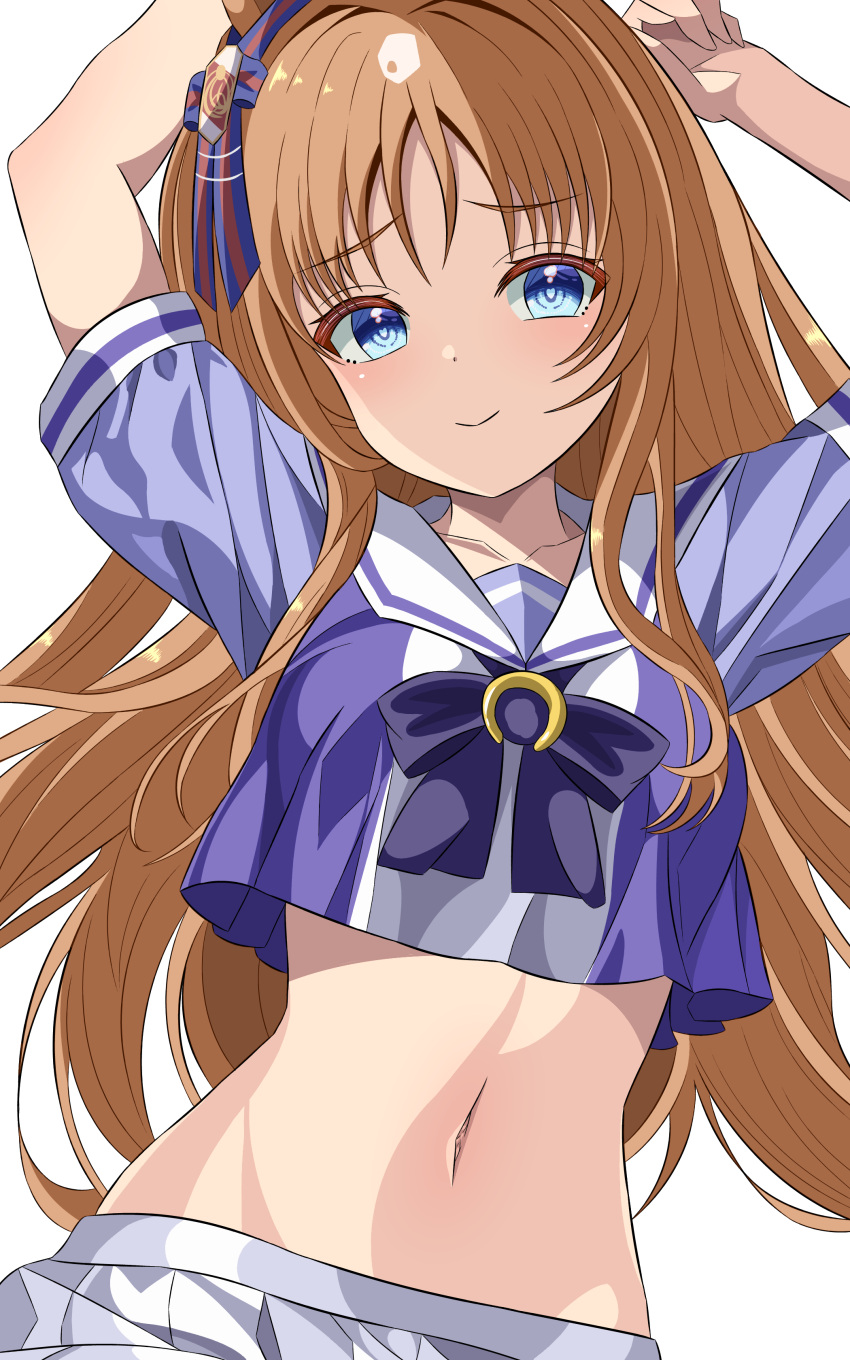 1girl 96dai_0313 absurdres animal_ears arms_up blue_eyes bow brown_hair commentary_request cropped_shirt ear_ornament grass_wonder_(umamusume) heart heart-shaped_pupils highres horse_ears horse_girl long_hair looking_at_viewer midriff multicolored_hair navel purple_bow purple_shirt sailor_collar school_uniform shirt simple_background skirt solo streaked_hair symbol-shaped_pupils tracen_school_uniform umamusume white_background white_hair white_skirt