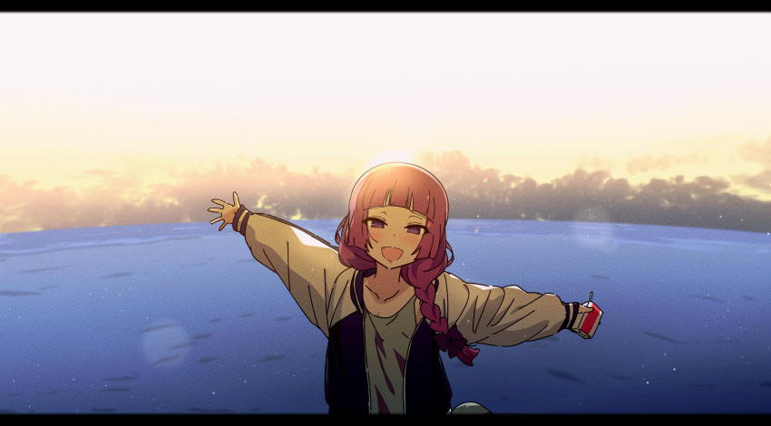 1girl absurdres blush bocchi_the_rock! bow braid braided_ponytail carton dress fang goumonsha green_dress hair_bow highres hiroi_kikuri holding_carton horizon jacket letterboxed long_hair long_sleeves open_clothes open_jacket open_mouth outdoors outstretched_arms purple_eyes purple_hair raised_eyebrows sleeveless sleeveless_dress smile solo spread_arms upper_body