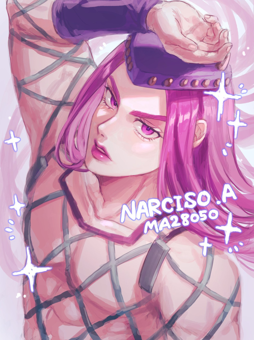 1boy arm_up fishnet_top fishnets hat highres horned_hat jojo_no_kimyou_na_bouken kshima_mo369 lipstick long_hair looking_at_viewer makeup male_focus narciso_anasui pink_background pink_eyes pink_hair pink_lips purple_headwear solo stone_ocean upper_body