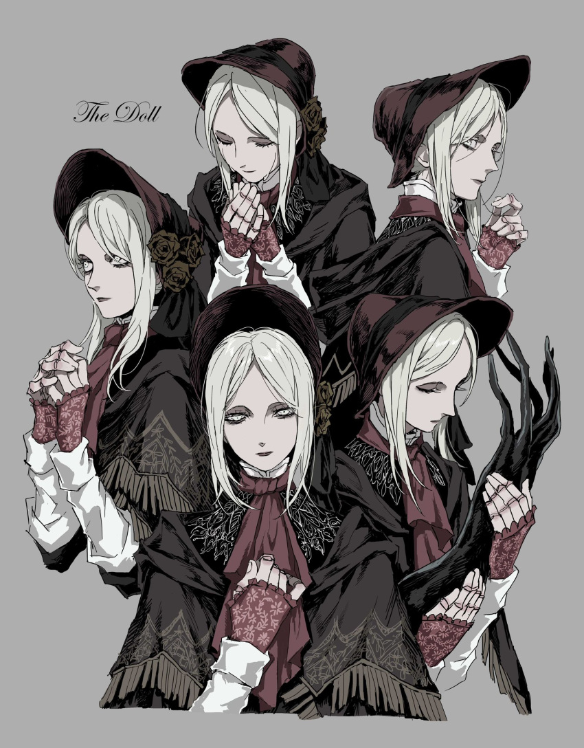 1girl ascot bloodborne bonnet character_name cloak closed_eyes cropped_torso doll_joints dress fingerless_gloves flower gloves grey_hair hand_up hat highres joints long_hair long_sleeves looking_at_viewer multiple_views plain_doll profile red_gloves simple_background soldalepaz11 upper_body white_eyes