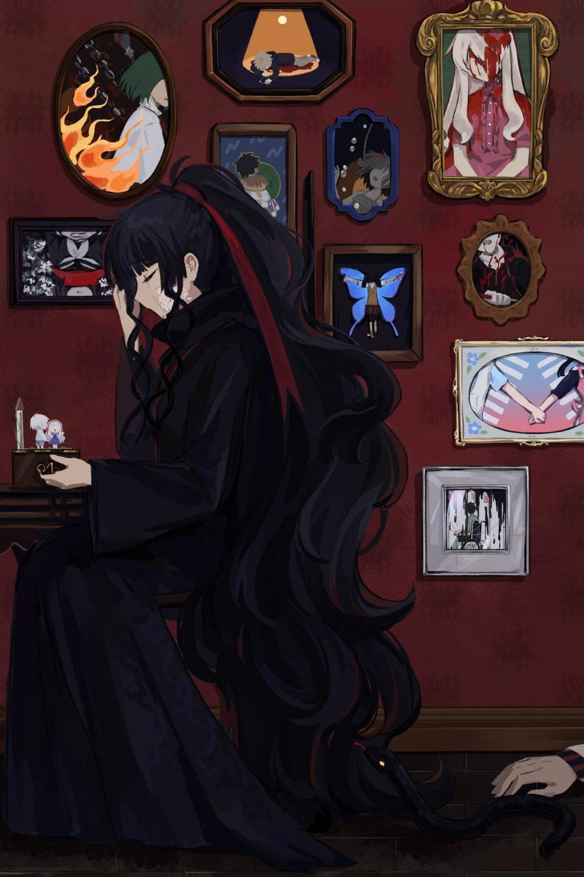 1girl aaniko absurdres amamiya_hibiya asahina_hiyori asphyxiation azami_(kagerou_project) black_dress black_hair black_snake blood blunt_bangs butterfly_wings chain closed_eyes crying curly_hair death dress drowning enomoto_takane facial_mark fire from_side hand_up high_collar highres holding_hands intravenous_drip kagerou_project kano_shuuya kido_tsubomi kisaragi_momo kisaragi_shintarou kokonose_haruka kozakura_marry kozakura_shion long_dress long_hair music_box out_of_frame picture_(object) picture_frame red_ribbon ribbon seto_kousuke sitting snake solo_focus symbolism tateyama_ayano tateyama_kenjirou tsukihiko_(kagerou_project) very_long_hair wheelchair wings