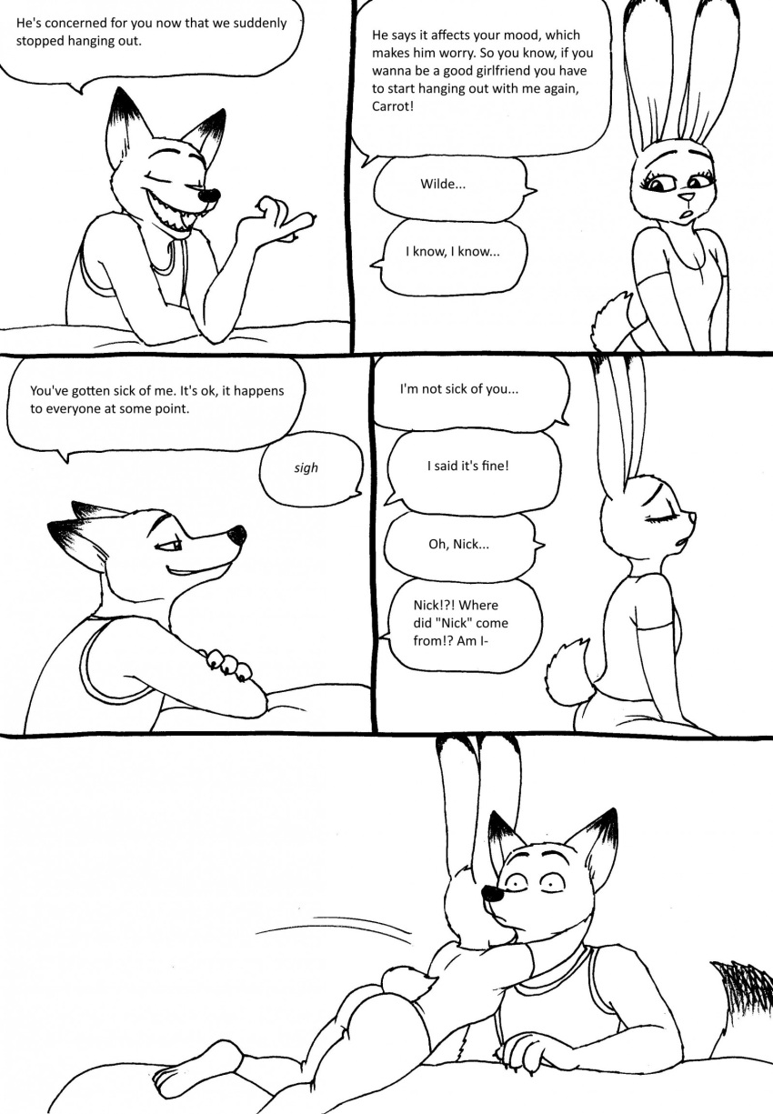 2023 4_toes 5_fingers anthro barefoot bernielover bernielover's_college_au bottomwear breasts canid canine claws cleavage clothed clothing comic dialogue disney duo embrace english_text eyes_closed feet female finger_claws fingers fox fur good_girl hi_res hindpaw hug humanoid_hands judy_hopps lagomorph leporid male male/female mammal monochrome nick_wilde open_mouth open_smile pants paws rabbit red_fox shirt smile speech_bubble tank_top teeth text toes topwear zootopia