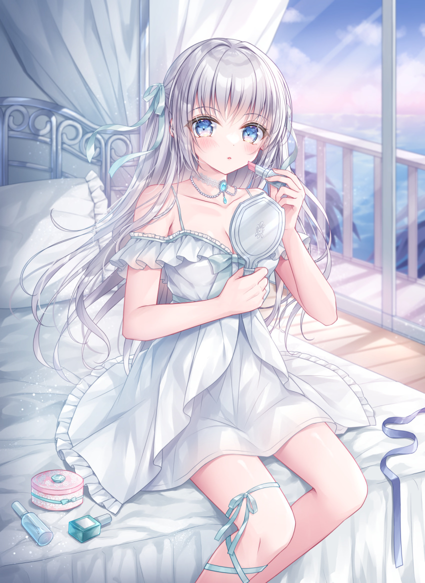 1girl :o bare_shoulders blue_eyes blue_ribbon blue_sky blush cloud collarbone commentary_request cosmetics dress feet_out_of_frame frilled_dress frills grey_hair hair_ribbon hand_mirror highres holding holding_lipstick_tube holding_mirror horizon indoors kohinata_hoshimi lipstick_tube long_hair looking_at_viewer mirror ocean off-shoulder_dress off_shoulder on_bed original parted_lips redrawn ribbon sitting sky solo sunrise very_long_hair water white_dress window