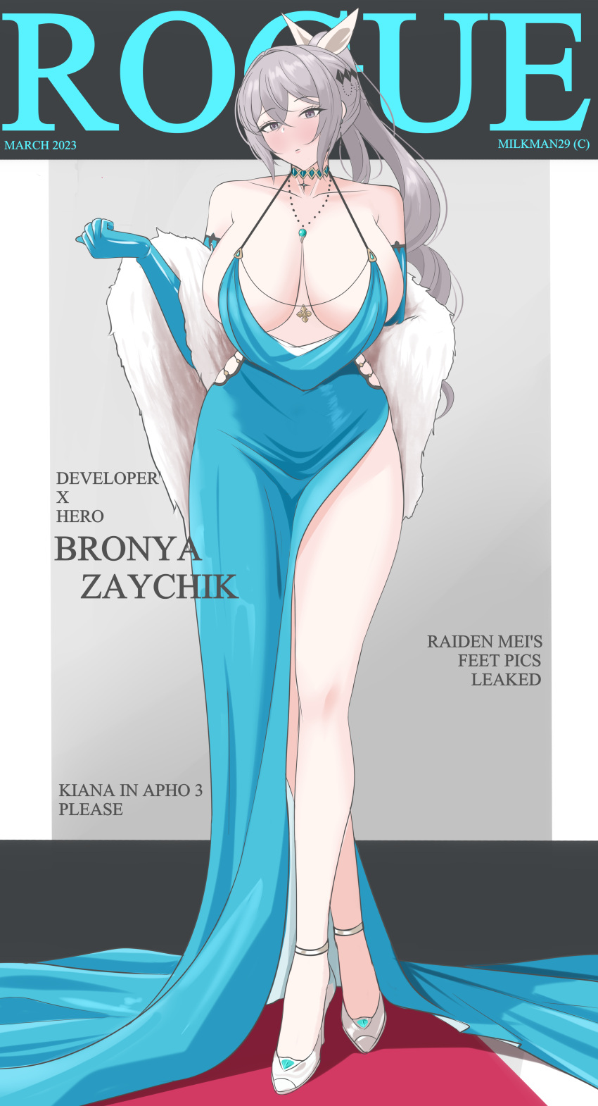 1girl 2023 absurdres artist_name bare_shoulders blue_dress blue_gloves blush breasts bronya_zaychik bronya_zaychik_(silverwing:_n-ex) character_name cleavage closed_mouth collarbone cover dress drill_hair english_commentary english_text full_body gloves grey_eyes grey_hair hair_ornament high_heels highres honkai_(series) honkai_impact_3rd jewelry large_breasts legs long_hair looking_at_viewer magazine_cover milkman29 necklace sleeves_past_elbows solo standing very_long_hair white_footwear