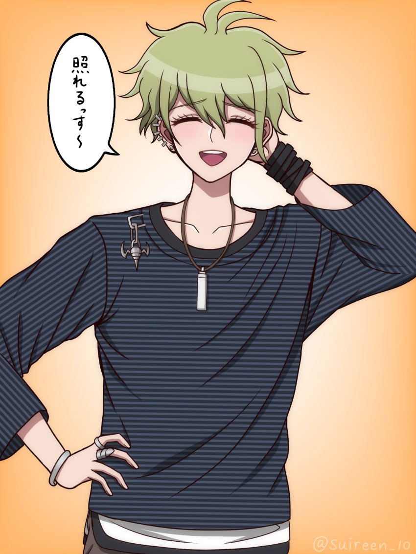 1boy :d amami_rantaro antenna_hair artist_name bracelet danganronpa_(series) danganronpa_v3:_killing_harmony ear_piercing earrings facing_viewer gradient_background green_hair happy highres jewelry long_sleeves male_focus messy_hair necklace orange_background piercing ring shirt short_hair smile solo speech_bubble striped striped_shirt suiren_yurei teeth translation_request upper_teeth_only white_background