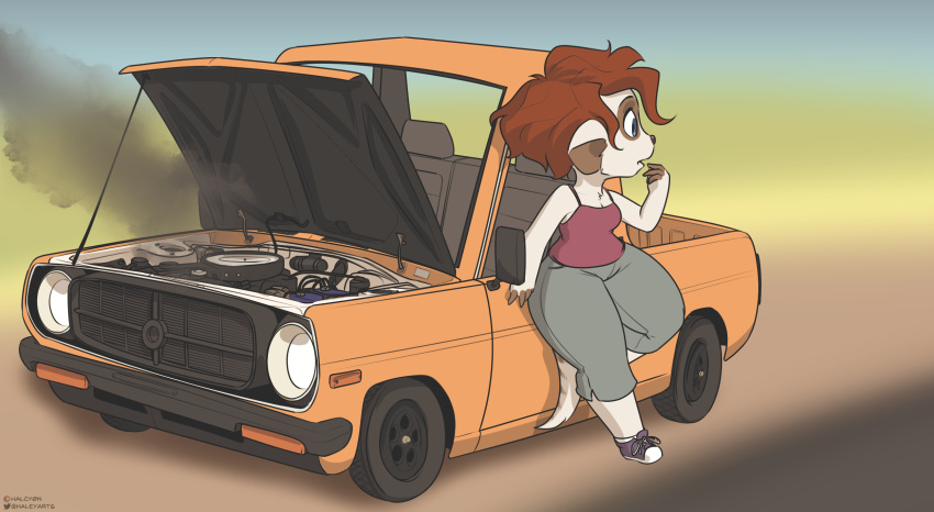 2023 anthro bottomwear brown_hair car chibi clothing female footwear fur hair halcy0n haley_baxter herpestid hi_res leaning_on_object looking_away mammal mongoose pants shoes smoke solo vehicle