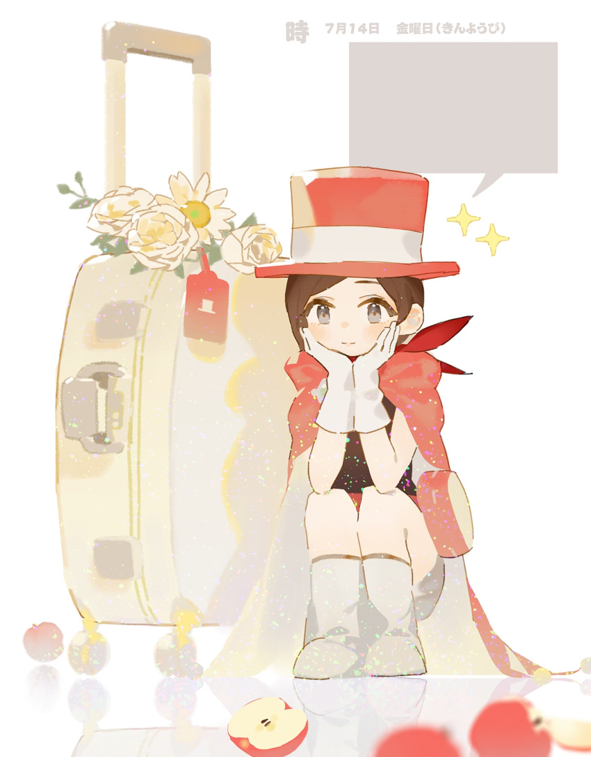 1girl ace_attorney aged_down apple belt black_dress blank_speech_bubble blush brown_hair cape child dadaonee dress flower food fruit grey_eyes hands_on_own_chin hands_on_own_face hat head_rest highres red_apple red_belt red_cape red_headwear red_scarf rolling_suitcase scarf smile solo sparkle speech_bubble split_mouth squatting suitcase swept_bangs top_hat trucy_wright white_flower white_footwear