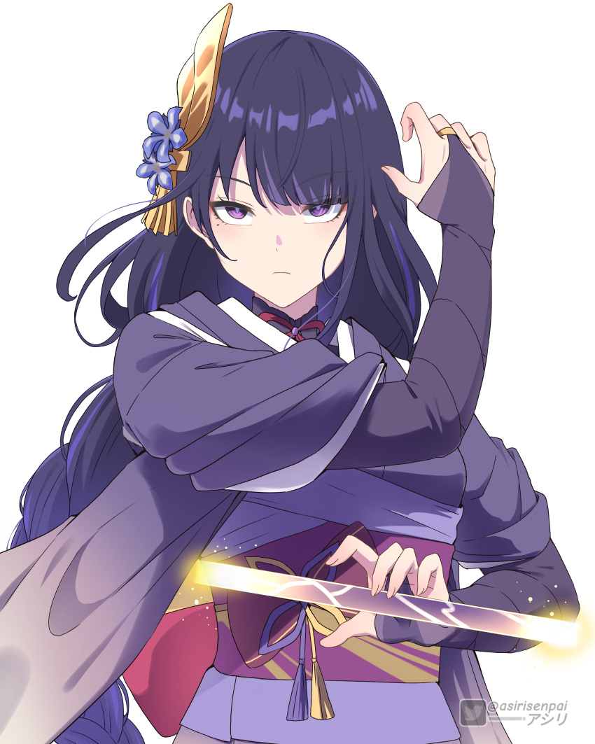 1girl absurdres asiri_senpai braid braided_ponytail breasts bridal_gauntlets fighting_stance genshin_impact hair_ornament highres japanese_clothes kimono long_hair long_sleeves looking_at_viewer mole mole_under_eye purple_eyes purple_hair raiden_shogun ready_to_draw serious very_long_hair weapon