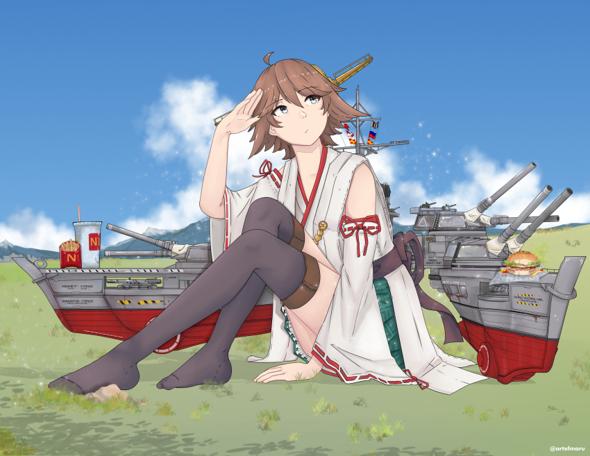 1girl absurdres anti-aircraft anti-aircraft_gun bananamaru bare_shoulders black_thighhighs brown_hair burger cannon cup detached_sleeves disposable_cup drinking_straw flipped_hair food french_fries frilled_skirt frills grass green_skirt grey_eyes headgear hiei_(kancolle) hiei_kai_ni_(kancolle) highres japanese_clothes kantai_collection knees_up legs mast no_shoes nontraditional_miko plaid plaid_skirt ribbon-trimmed_sleeves ribbon_trim rigging short_hair signal_flag sitting skirt smokestack solo thighhighs turret twitter_username