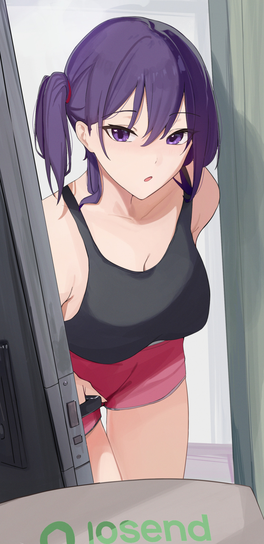 1girl absurdres bent_over black_tank_top breasts cleavage hair_between_eyes highres hololive hololive_english koupi_(ku_roiko) ku_roiko large_breasts looking_at_viewer one_side_up open_mouth opening_door personification purple_eyes purple_hair red_shorts shorts solo takodachi_(ninomae_ina'nis) tank_top