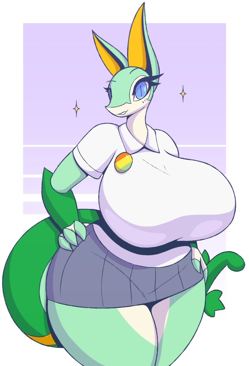 anthro big_breasts breasts cartoon_network clothed clothing dress female generation_5_pokemon hand_on_hip hi_res huge_breasts june_greenfield looking_at_viewer nicole_watterson nintendo pokemon pokemon_(species) r-mk reptile scalie serperior smile snake solo standing the_amazing_world_of_gumball thick_thighs wide_hips