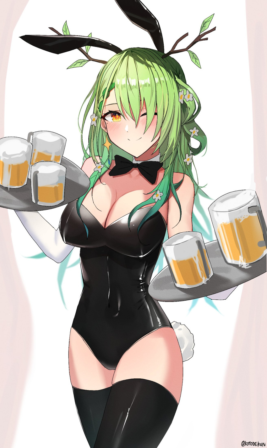 1girl alternate_costume animal_ears antlers beer_mug black_bow black_bowtie black_leotard black_thighhighs bow bowtie branch breasts ceres_fauna cowboy_shot cup detached_collar fake_animal_ears flower foam green_hair hair_flower hair_ornament highres holding holding_tray hololive hololive_english kotodekun large_breasts leaf leotard looking_at_viewer mug one_eye_closed playboy_bunny rabbit_ears rabbit_tail solo tail thighhighs thighs tray virtual_youtuber yellow_eyes