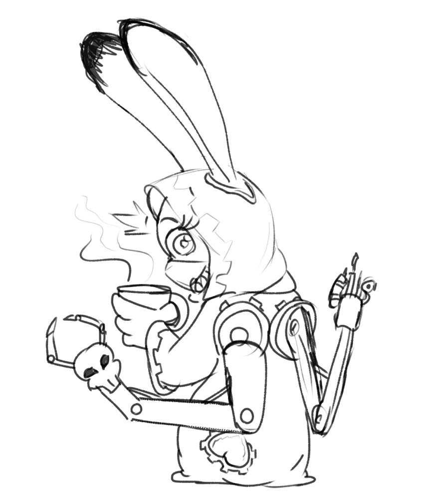 anthro beverage bionics coffee crossover disney ears_up female hi_res judy_hopps lagomorph leporid line_art looking_at_viewer mammal rabbit science_fiction simple_background solo spoof_(artist) surprise warhammer_(franchise) white_background zootopia