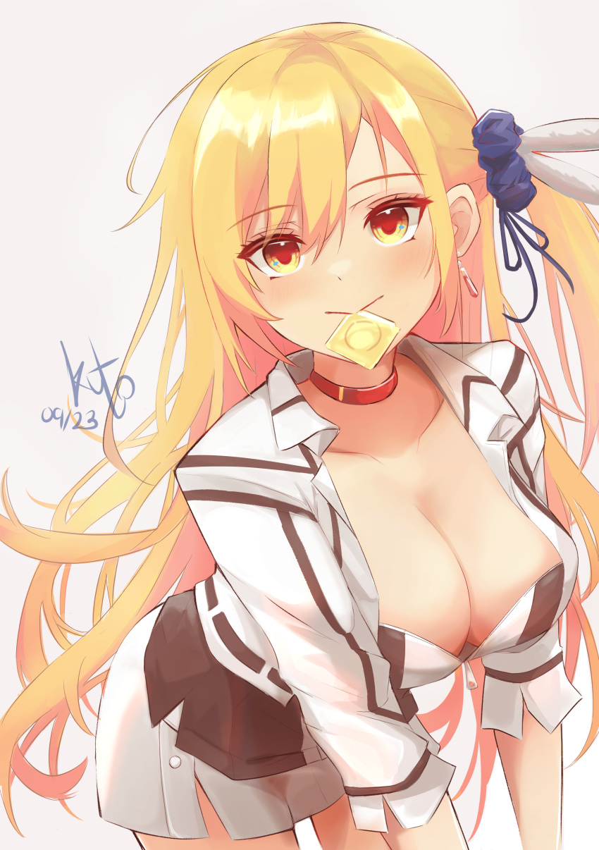 1girl absurdres alisa_reinford bent_over blonde_hair blush breasts choker cleavage condom condom_in_mouth dated earrings eiyuu_densetsu hair_tie highres jewelry large_breasts leaning_forward long_hair looking_at_viewer mouth_hold red_choker rikotch07 sen_no_kiseki signature simple_background smile white_background