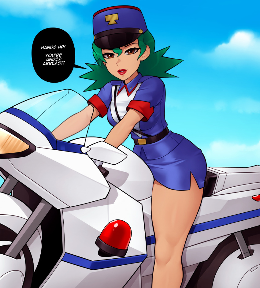 1girl belt belt_buckle black_belt blue_headwear blue_shirt blue_skirt blue_sky brown_eyes buckle cloud english_text green_hair hair_between_eyes hat highres jenny_(pokemon) lipstick long_hair loodncrood looking_at_viewer makeup motor_vehicle motorcycle on_motorcycle outdoors parted_lips pencil_skirt pokemon pokemon_(anime) pokemon_(classic_anime) police police_hat police_uniform policewoman red_lips shirt short_hair short_sleeves side_slit skirt sky solo speech_bubble uniform