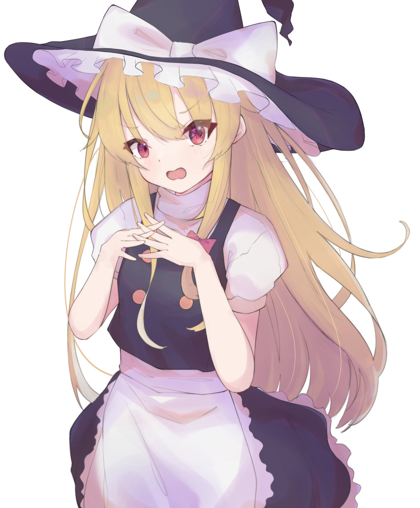 1girl absurdres apron black_headwear black_skirt blonde_hair bow commentary_request frilled_hat frills hat hat_bow highres kirisame_marisa long_hair looking_at_viewer matcha_yado open_mouth own_hands_together red_eyes short_sleeves sidelocks simple_background skirt solo touhou white_apron white_background white_bow witch_hat