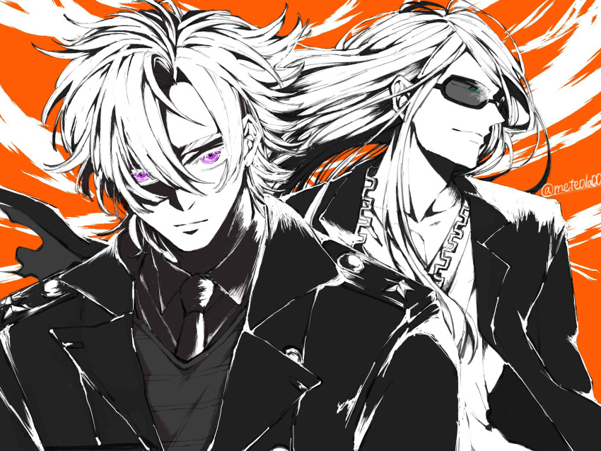 artist_name black_coat black_jacket blonde_hair blue_eyes coat collarbone daybit_sem_void fate/grand_order fate_(series) highres jacket jewelry long_hair looking_at_viewer looking_to_the_side male_focus meteola00 monochrome multiple_boys necklace open_clothes open_jacket purple_eyes shirt short_hair sunglasses tezcatlipoca_(fate) trench_coat upper_body white_shirt