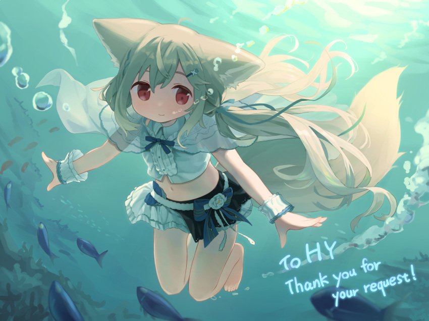 1girl animal_ears barefoot black_skirt blonde_hair blue_bow blue_ribbon bow bow_skirt braid cloneko_(zelmeledf2) closed_mouth commentary_request commission cropped_shirt double-parted_bangs fish fox_ears fox_girl fox_tail french_braid full_body hair_ornament hair_ribbon hairclip long_hair low_twintails midriff miniskirt navel neck_ribbon original red_eyes ribbon sakurada_shiro shirt skeb_commission skirt solo tail toes twintails two-tone_skirt underwater white_shirt white_skirt wrist_cuffs