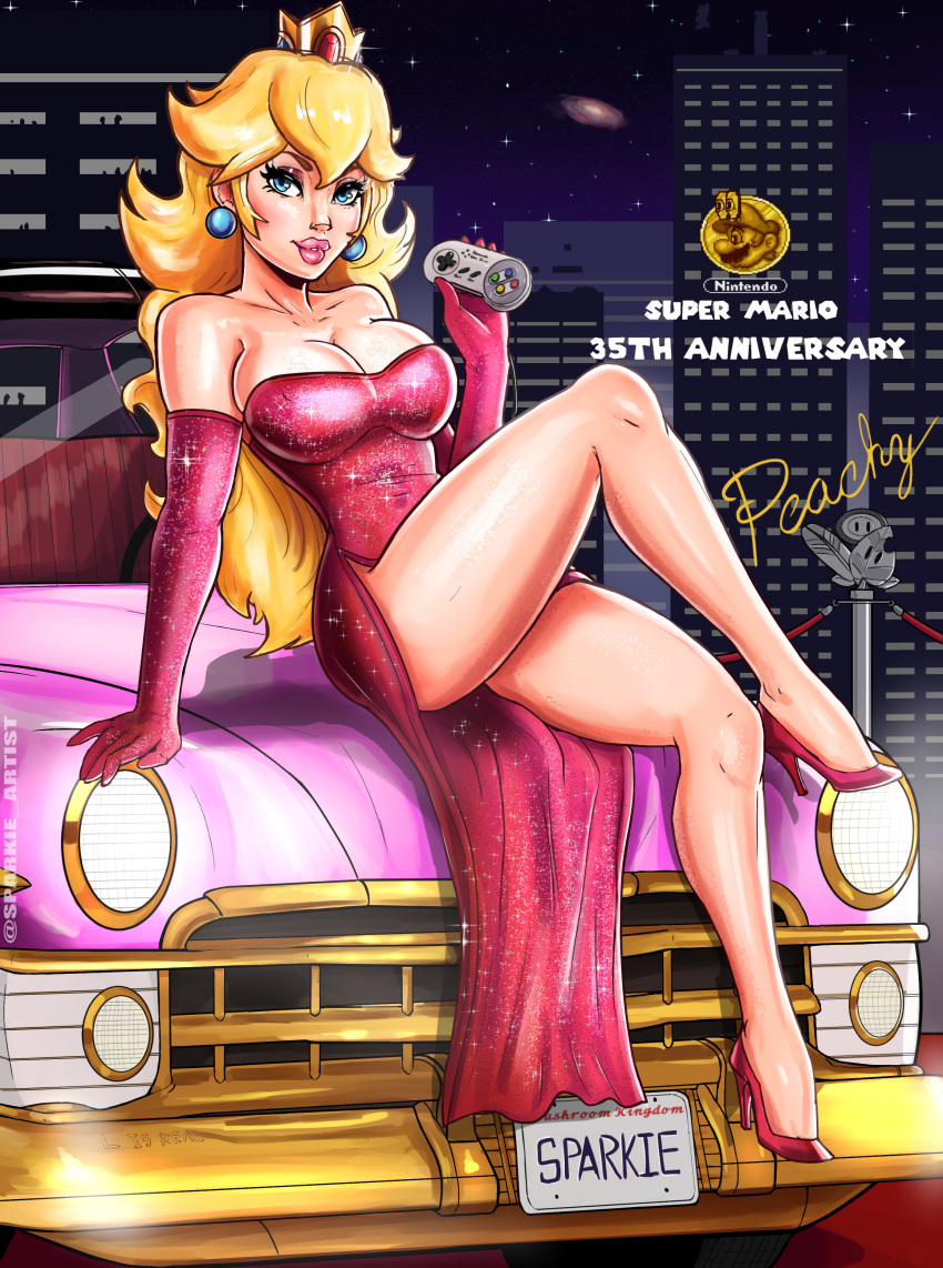 1girl absurdres arm_support artist_name blue_eyes breasts car character_signature cleavage company_logo controller crossed_legs crown dress english_text fire_flower game_console game_controller gloves high_heels highres large_breasts legs long_hair looking_at_viewer mario_(series) meme motor_vehicle nintendo parted_lips pink_lips princess princess_peach seductive_smile sitting smile solo sparkietheartist super_leaf super_nintendo thick_thighs thighs