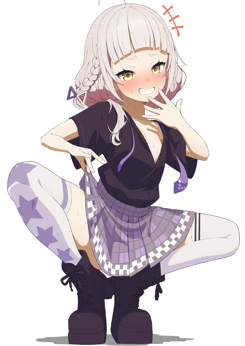 1girl absurdres blush boots braid full_body grey_hair grin highres hololive long_hair loose_necktie lunch_boxer murasaki_shion murasaki_shion_(school_uniform) necktie open_clothes open_shirt partially_unbuttoned plaid plaid_skirt side_braid simple_background skirt smile solo squatting sweat virtual_youtuber white_background yellow_eyes