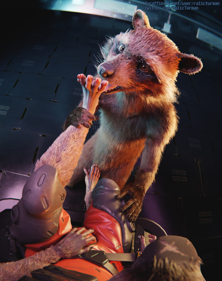anthro brown_body brown_fur claws clothed clothing digital_media_(artwork) duo erection feet foot_fetish foot_focus foot_lick foot_play footjob fur genitals guardians_of_the_galaxy hi_res licking looking_at_viewer male male/male mammal marvel nude paws penis procyonid raccoon ralic_turman rocket_raccoon sex simple_background soles toes tongue tongue_out