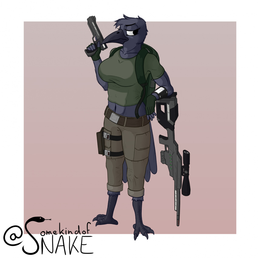 1:1 anthro avian avian_feet beak bird black_beak black_body border bottomwear breasts brown_background clothed clothing corvid corvus_(genus) crow feathers female gun handgun hi_res navel oscine pants passerine pistol pupils ranged_weapon rifle shirt simple_background sniper_rifle solo somekindofsnake tail_feathers talons topwear weapon white_border