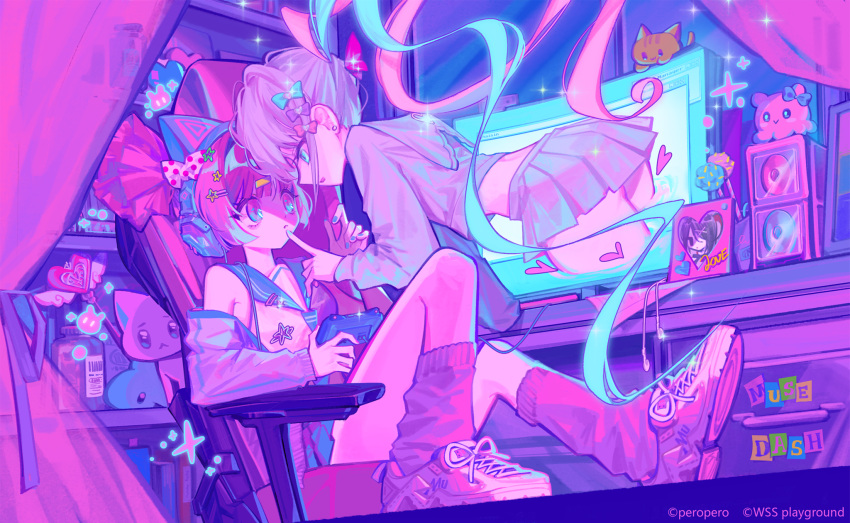 2girls ame-chan_(needy_girl_overdose) animal_ear_headphones animal_ears ass blue_hair bow buro_(muse_dash) cat cat_ear_headphones chair chouzetsusaikawa_tenshi-chan computer controller crossover curtains earphones earrings fake_animal_ears game_controller gaming_chair hair_bow headphones headset highres in-franchise_crossover jewelry mil7uka miniskirt monitor multicolored_hair multiple_girls muse_dash needy_girl_overdose non-web_source official_art picture_(object) pink_hair quad_tails school skirt sleeveless socks swivel_chair thighs twintails white_hair