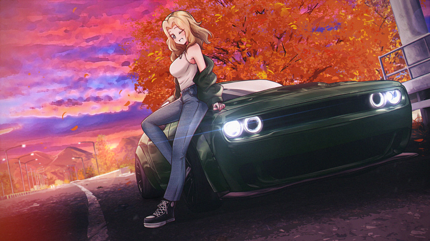 1girl absurdres autumn blonde_hair blush breasts car denim dodge_challenger girls_und_panzer green_car highres jeans kay_(girls_und_panzer) large_breasts laughing long_hair looking_at_viewer mizzterbii motor_vehicle one_eye_closed outdoors pants road solo tank_top white_tank_top