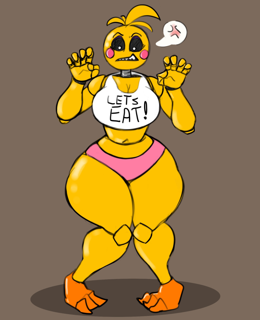 angry animatronic beakless bib big_breasts breasts clothing female five_nights_at_freddy's five_nights_at_freddy's_2 hi_res humanoid hyenalattes machine panties robot scottgames solo thick_thighs toy_chica_(fnaf) underwear yellow_body