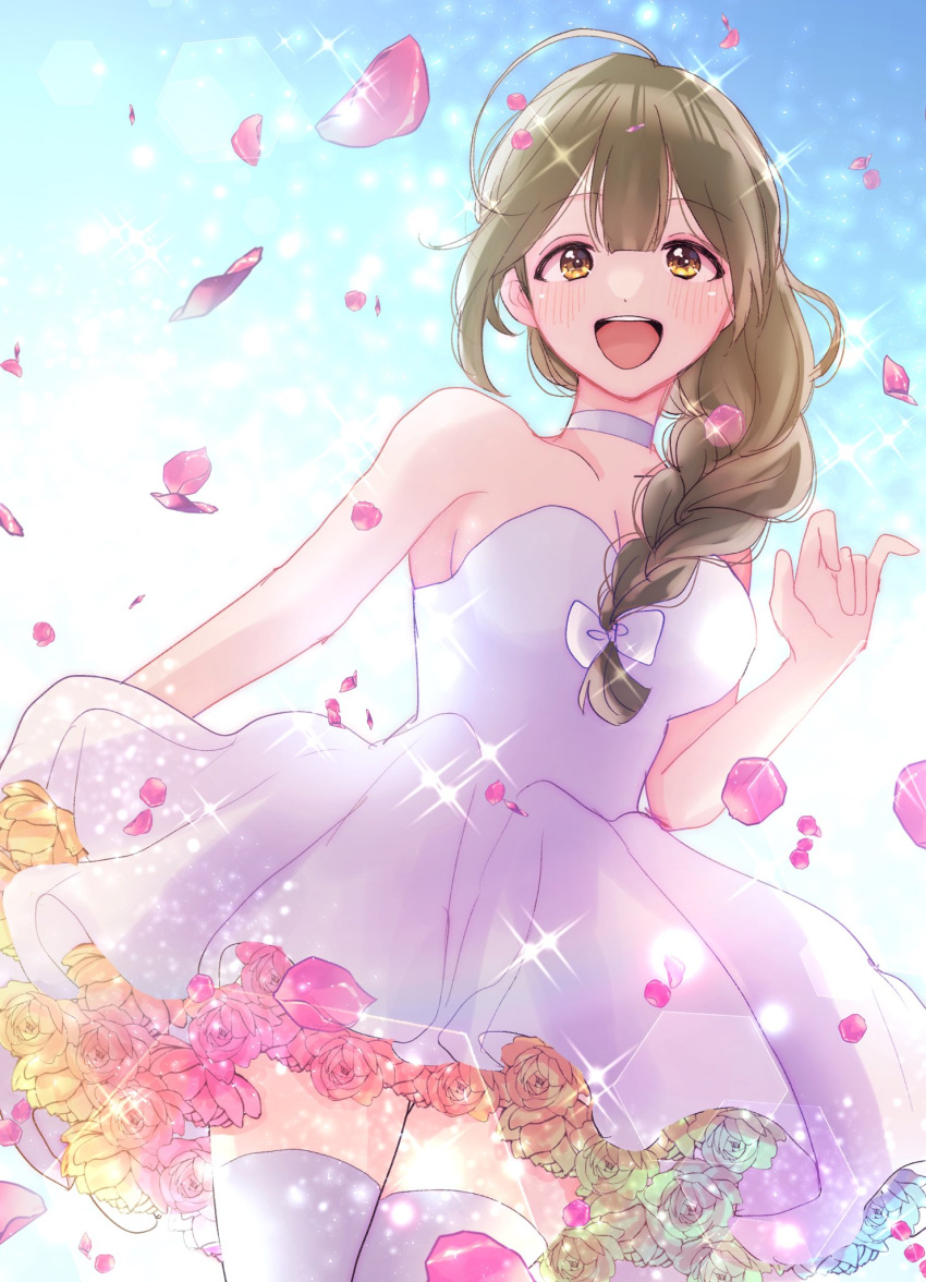 1girl ahoge blush braid braided_ponytail breasts brown_hair choker cleavage collarbone dress falling_petals flower hair_over_shoulder hanasaki_rine highres idolmaster idolmaster_shiny_colors kuwayama_chiyuki looking_at_viewer medium_breasts petals rose side_ponytail smile solo sparkle strapless strapless_dress teeth thighhighs upper_teeth_only white_choker white_dress white_thighhighs zettai_ryouiki