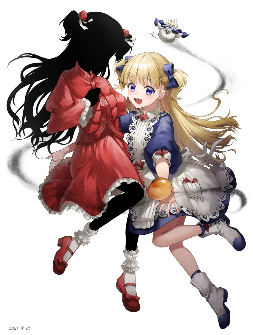 2girls :d absurdres ankle_boots apron black_hair black_skin blonde_hair blue_bow blue_dress blue_eyes blush bobby_socks boots bow bread colored_skin commentary_request coppepan dated dress emilico_(shadows_house) flower food full_body hair_bow hair_flower hair_ornament highres juliet_sleeves kate_(shadows_house) long_hair long_sleeves looking_at_viewer mary_janes multiple_girls open_mouth outstretched_arm pan-chan_(shadows_house) puffy_sleeves red_dress red_flower red_footwear red_rose rose shadow_(shadows_house) shadows_house shoes simple_background smile socks soot two_side_up white_apron white_background white_footwear white_socks