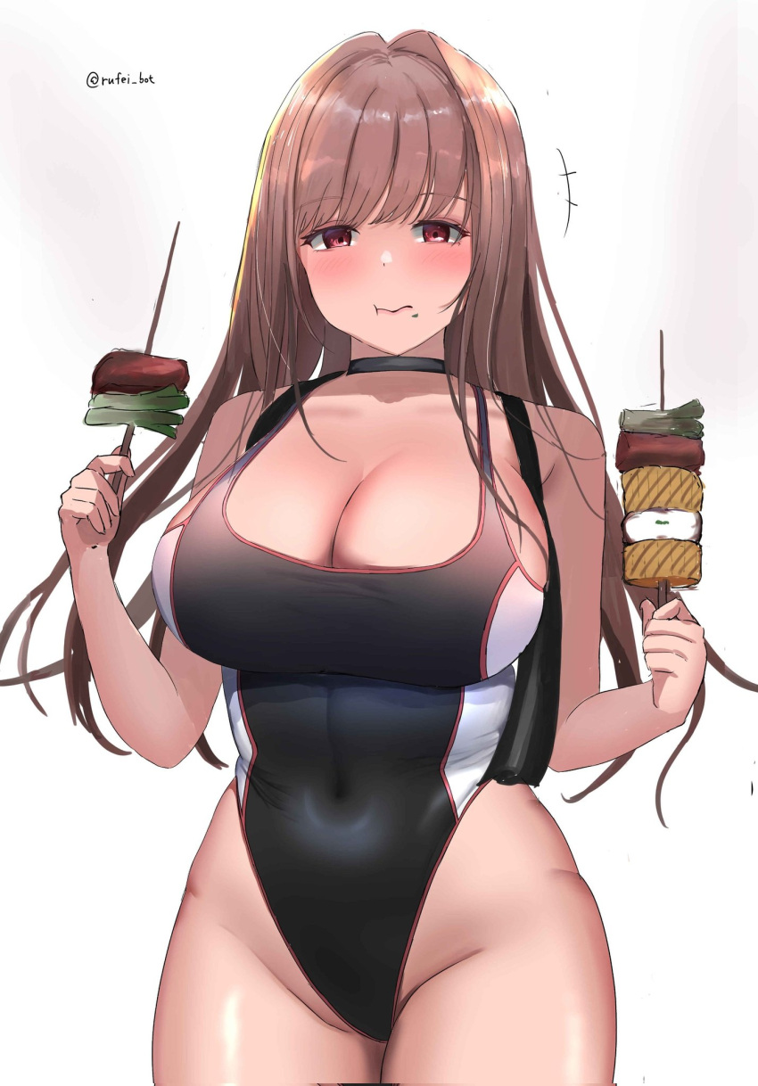 1girl black_choker black_one-piece_swimsuit black_towel breasts brown_hair chewing choker closed_mouth competition_swimsuit covered_navel food food_on_face goddess_of_victory:_nikke highleg highleg_swimsuit highres holding holding_food large_breasts legs light_brown_hair long_hair looking_at_viewer official_alternate_costume one-piece_swimsuit orange_eyes rapi_(classic_vacation)_(nikke) rapi_(nikke) rufei_bot shiny_skin solo standing swimsuit thighs towel towel_around_neck twitter_username two-tone_swimsuit