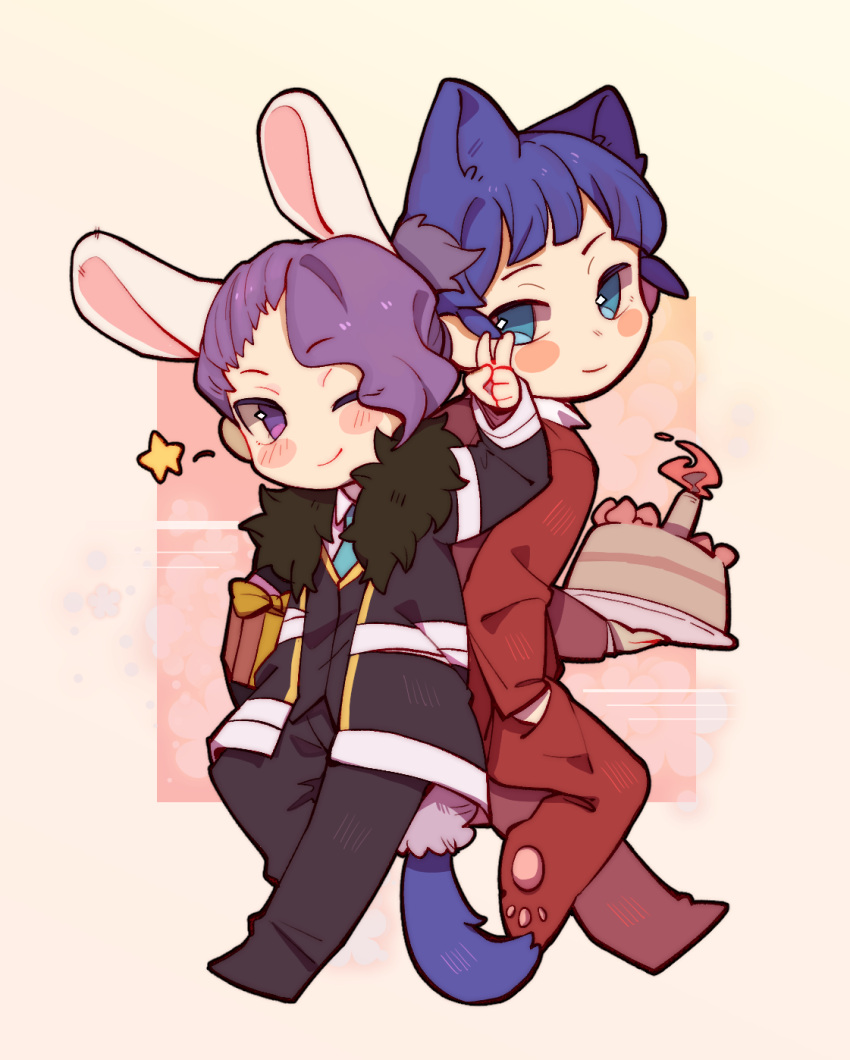 2boys ;) animal_ears black_jacket black_pants black_vest blue_eyes blue_hair blue_necktie cake cat_boy cat_ears cat_tail chinese_commentary closed_mouth collared_shirt commentary_request employee_(lobotomy_corporation) food gift hand_in_pocket highres holding holding_cake holding_food jacket lobotomy_corporation long_sleeves male_focus multiple_boys necktie one_eye_closed open_clothes open_jacket pants project_moon purple_eyes purple_hair rabbit_boy rabbit_ears rabbit_tail red_jacket red_pants shirt short_hair smile star_(symbol) tail tesna vest white_shirt