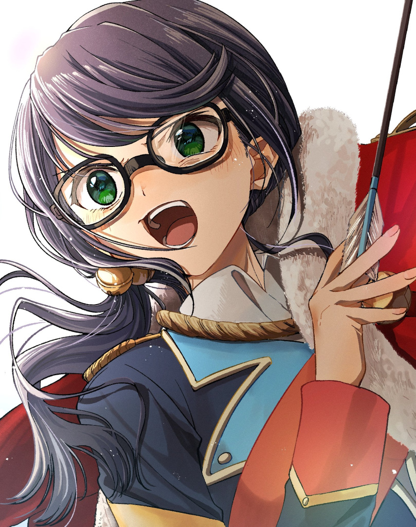 1girl arrow_(projectile) bell black-framed_eyewear blue_jacket blush collared_shirt dutch_angle epaulettes fingernails floating_hair fur-trimmed_jacket fur_trim glasses green_eyes hair_bell hair_ornament hand_up highres holding holding_arrow hoshimi_junna jacket jacket_on_shoulders jingle_bell light_particles long_hair long_sleeves looking_ahead low_ponytail nori_(cheiwbciwkxbdjr) open_mouth purple_hair red_jacket red_sash sash shirt shoujo_kageki_revue_starlight shoulder_sash side_ponytail simple_background solo upper_body v-shaped_eyebrows white_background white_shirt